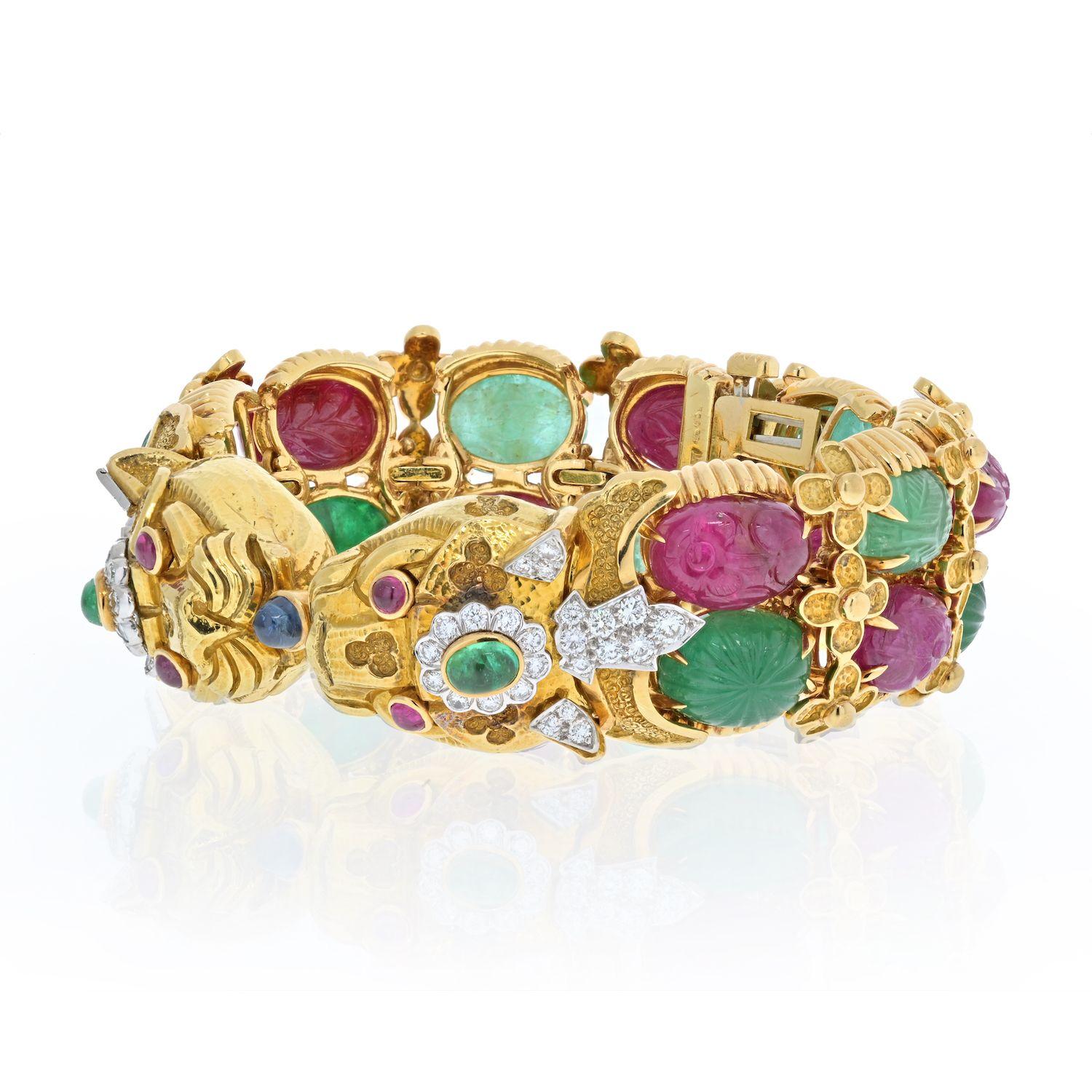 Modern David Webb Carved Ruby, Emerald Double Headed Dragon Bracelet