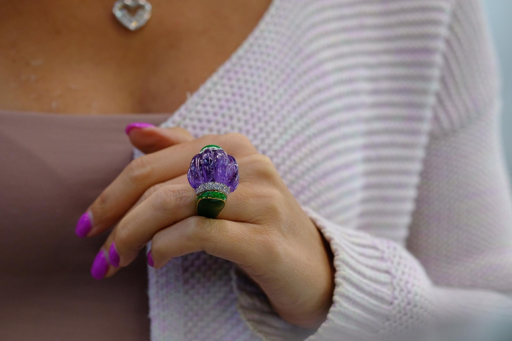 Round Cut David Webb Carved Smooth Purple Amethyst, Green Enamel And Diamond Ring For Sale