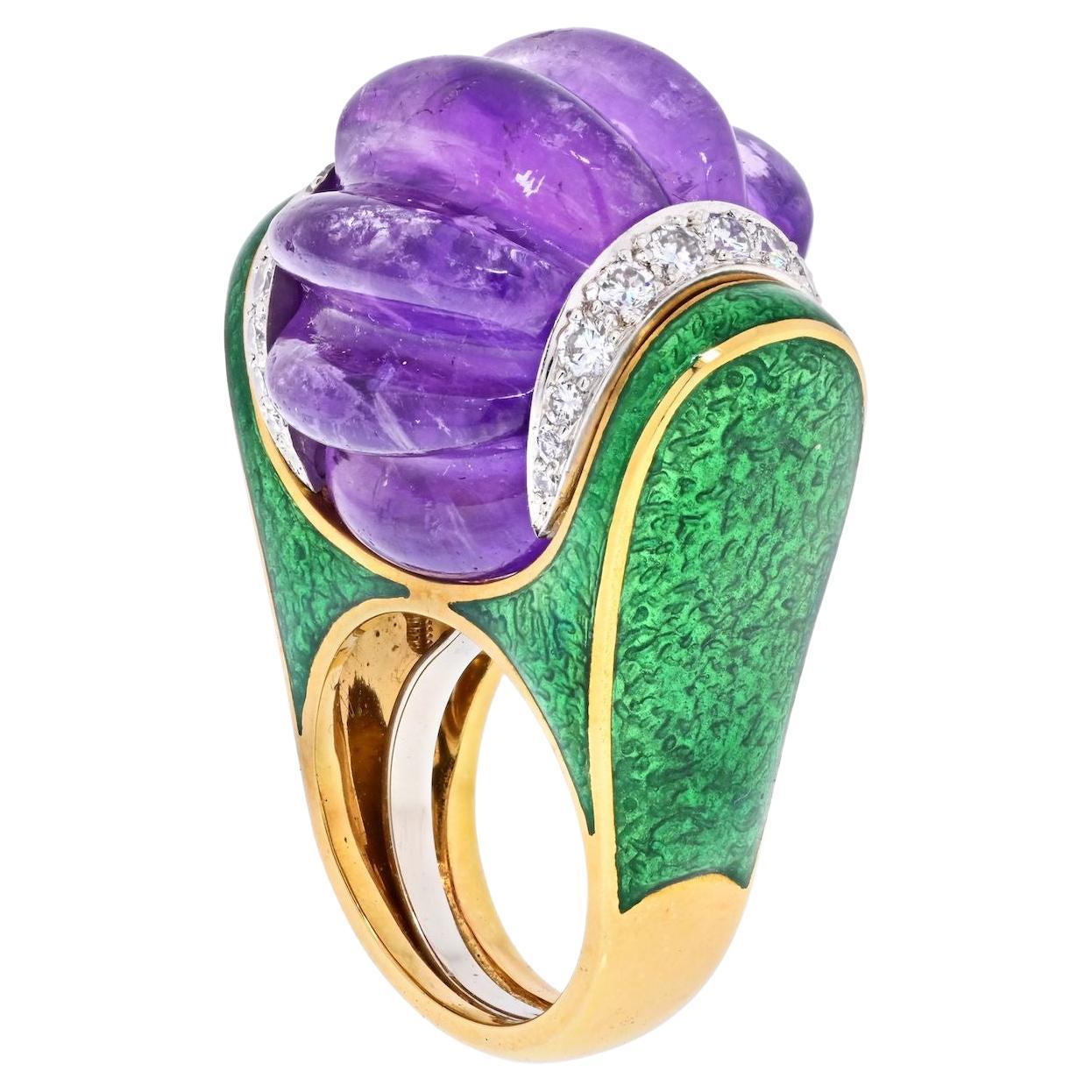David Webb Carved Smooth Purple Amethyst, Green Enamel And Diamond Ring