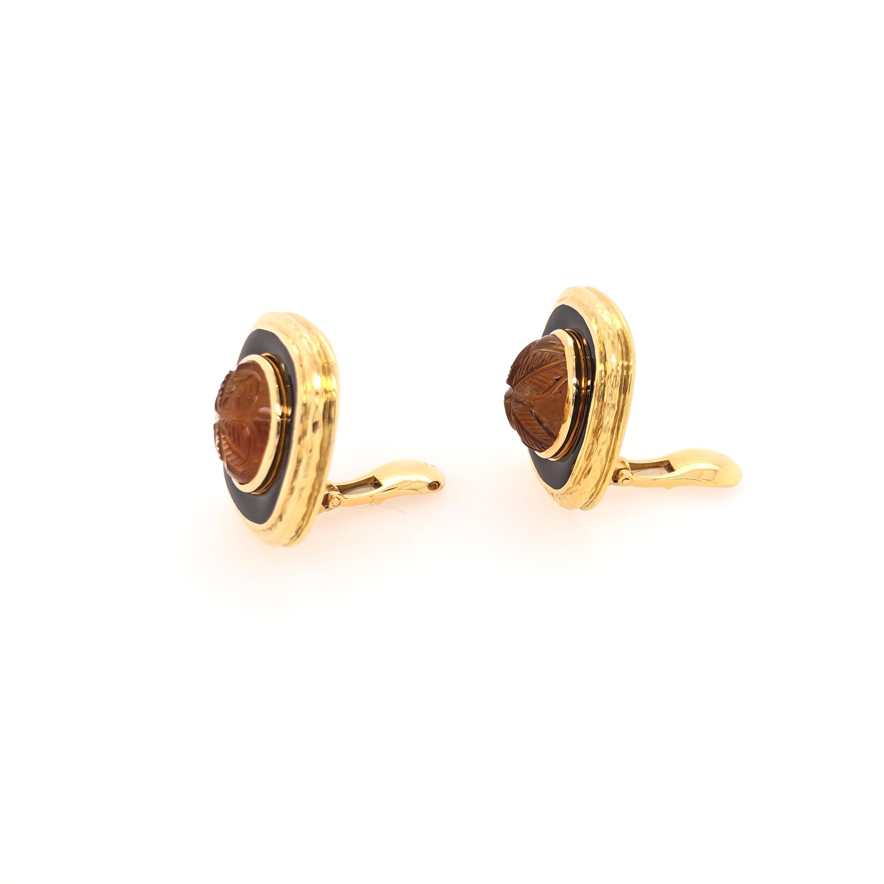 Contemporary David Webb Carved Topaz and Black Enamel Earrings For Sale