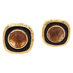 Retro David Webb Carved Topaz and Black Enamel Earrings