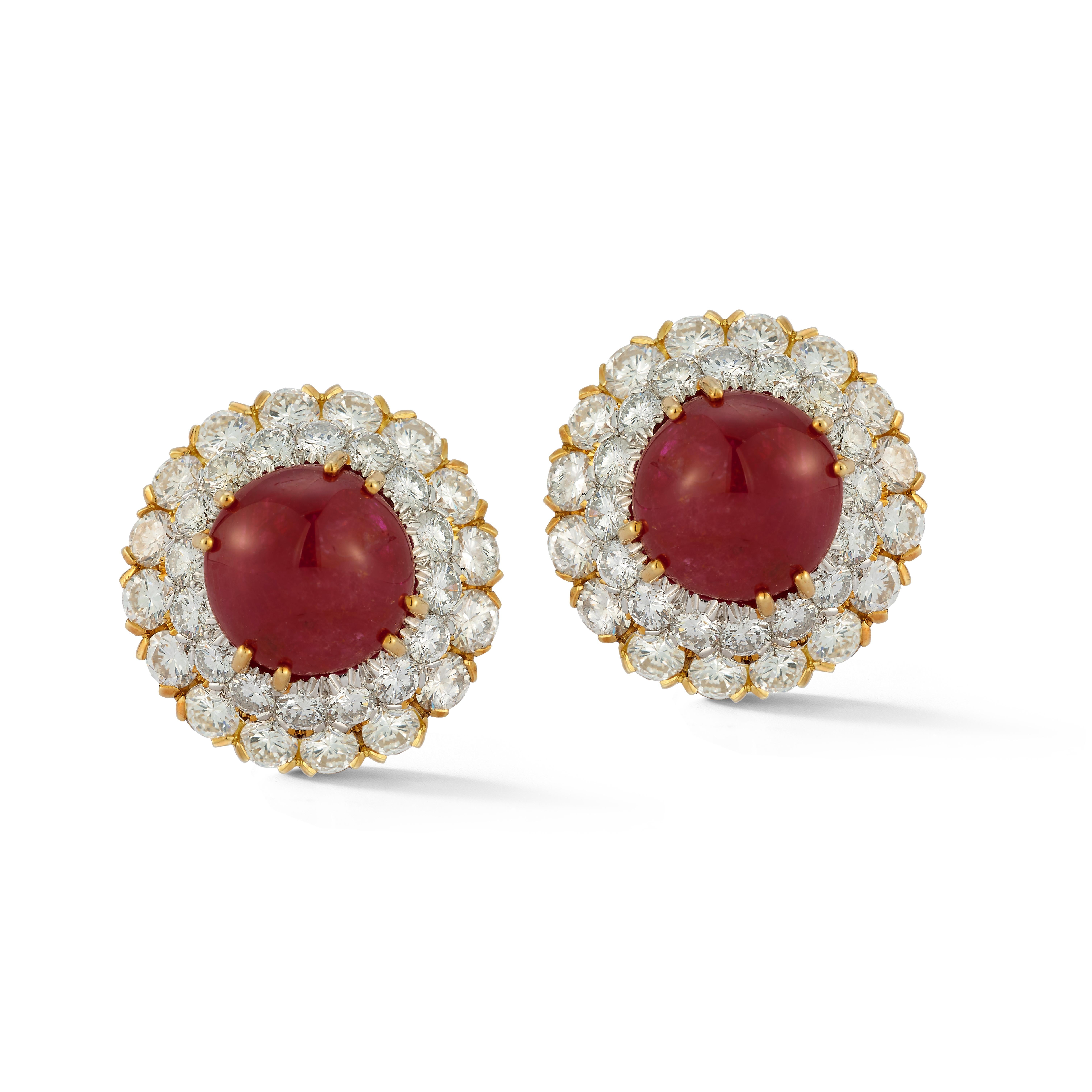 David Webb Certified unheated Burmese Ruby & Diamond Earrings

A pair of platinum and 18 karat gold earrings set with 2 non heated Burmese cabochon rubies encircled by 2 rows round cut diamonds

Signed Webb

Stamped Plat 18K

Accompanied by an AGL