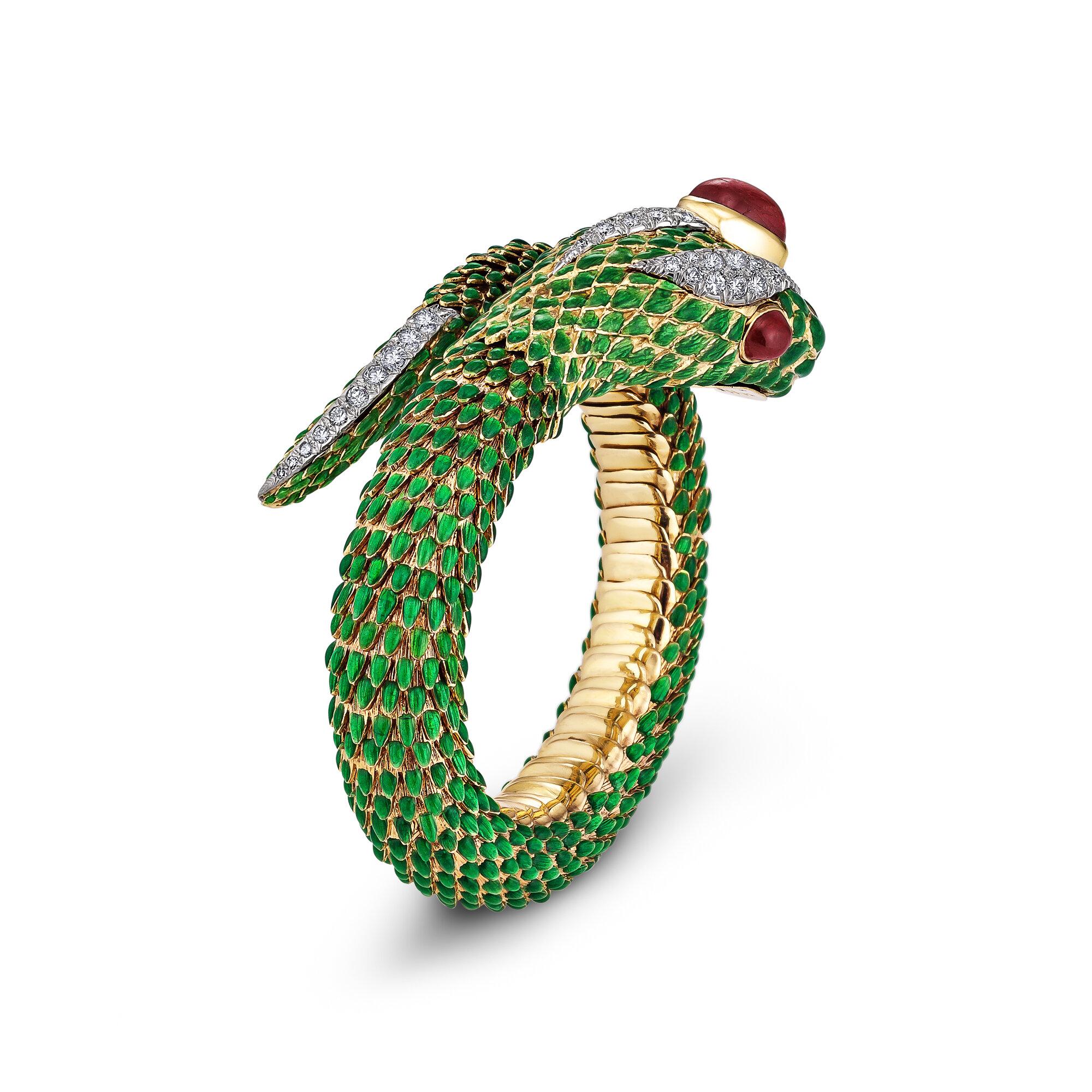 Retro David Webb Certified Vintage Diamond Ruby Gold Enamel Serpent Cuff Bracelet