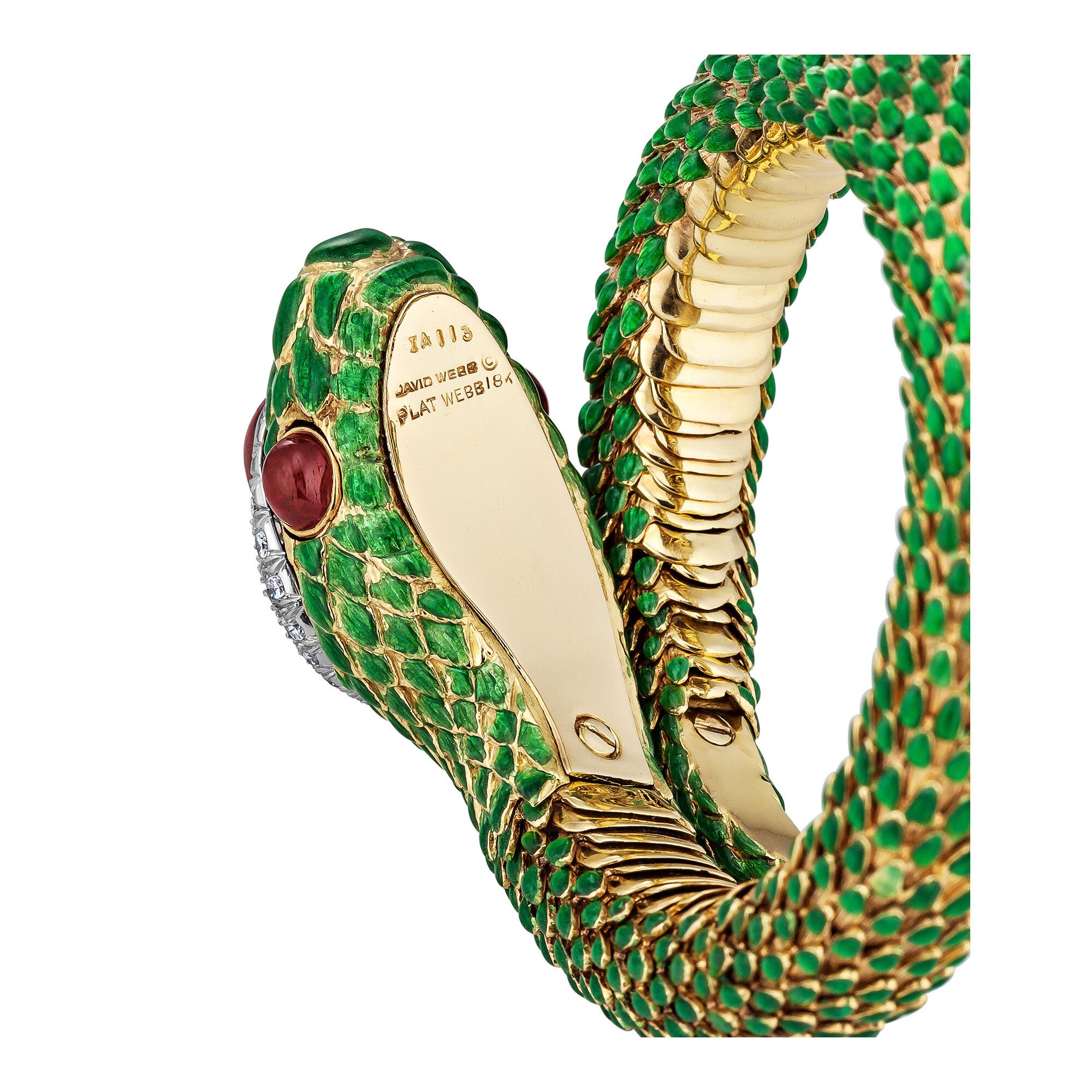 David Webb Certified Vintage Diamond Ruby Gold Enamel Serpent Cuff Bracelet In Excellent Condition In Greenwich, CT