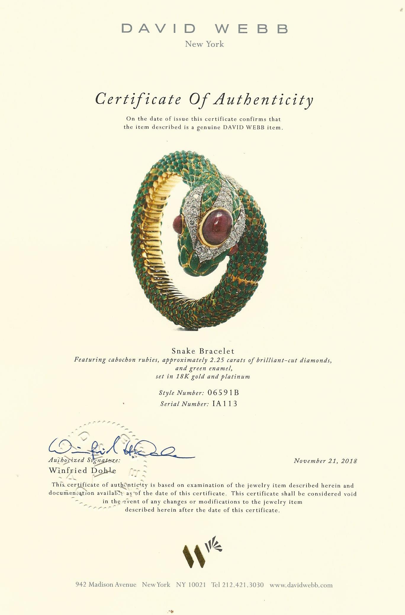 Women's David Webb Certified Vintage Diamond Ruby Gold Enamel Serpent Cuff Bracelet