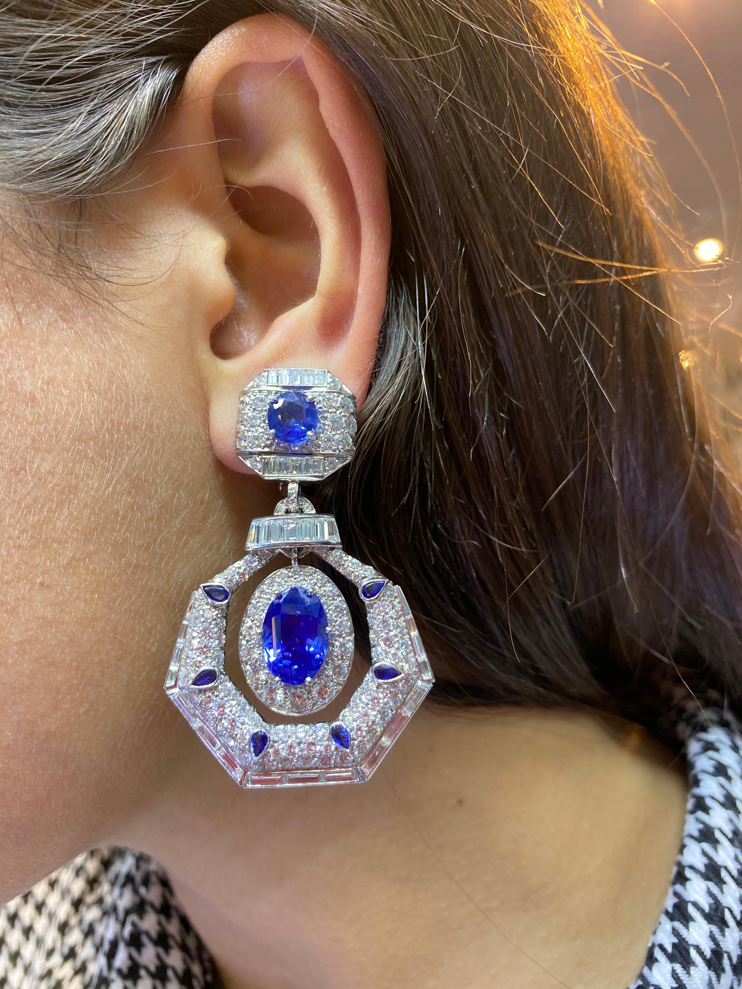 Oval Cut David Webb Ceylon Sapphire and Diamond Drop Earrings