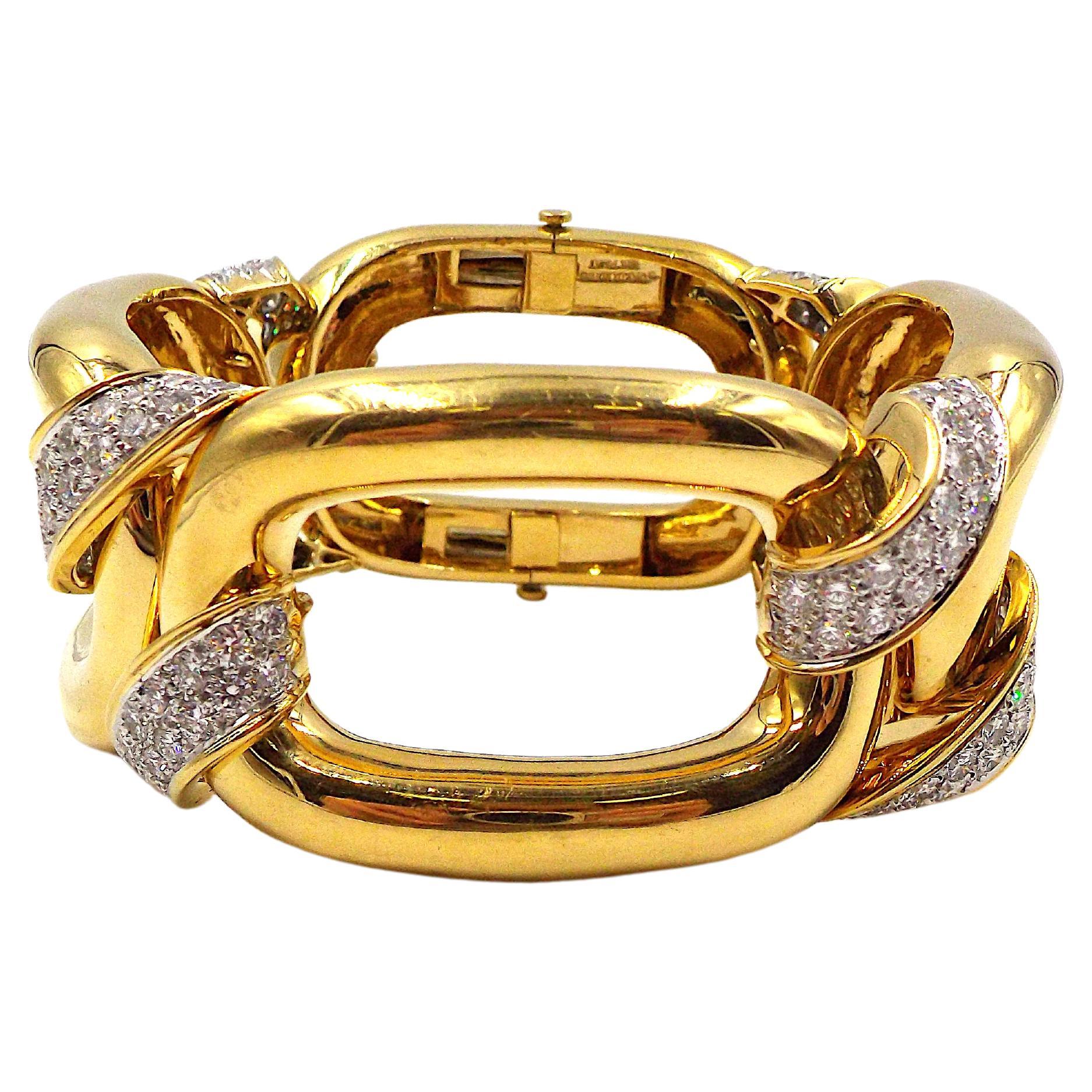 David Webb Chunky Diamond 18K Yellow Gold Platinum Bracelet For Sale