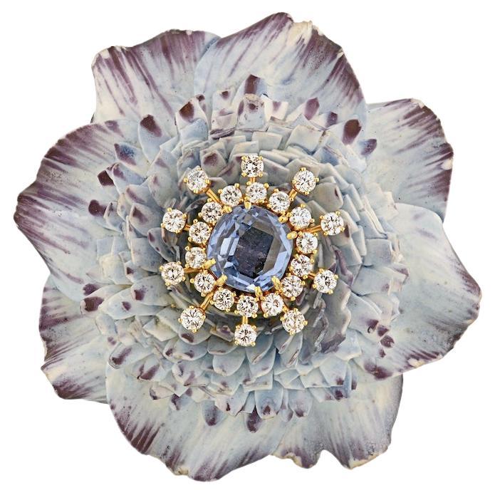 David Webb circa 1950 Ceramic Flower Diamonds, Sapphires Vintage Brooch For Sale