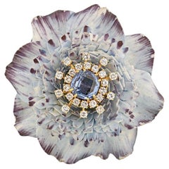 David Webb circa 1950 Ceramic Flower Diamonds, Sapphires Vintage Brooch