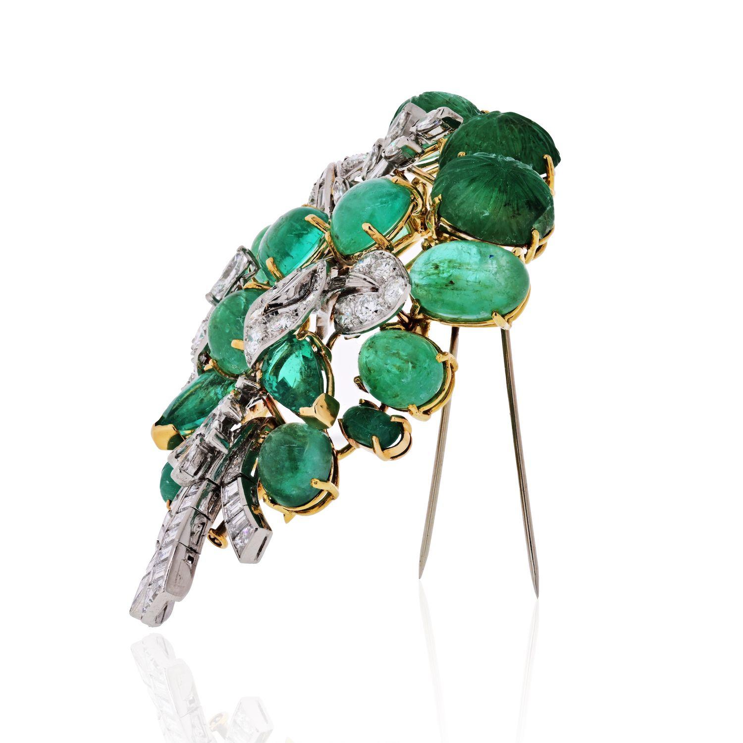 Baguette Cut David Webb circa 1960 Green Emeralds, Diamonds Vintage Brooch For Sale