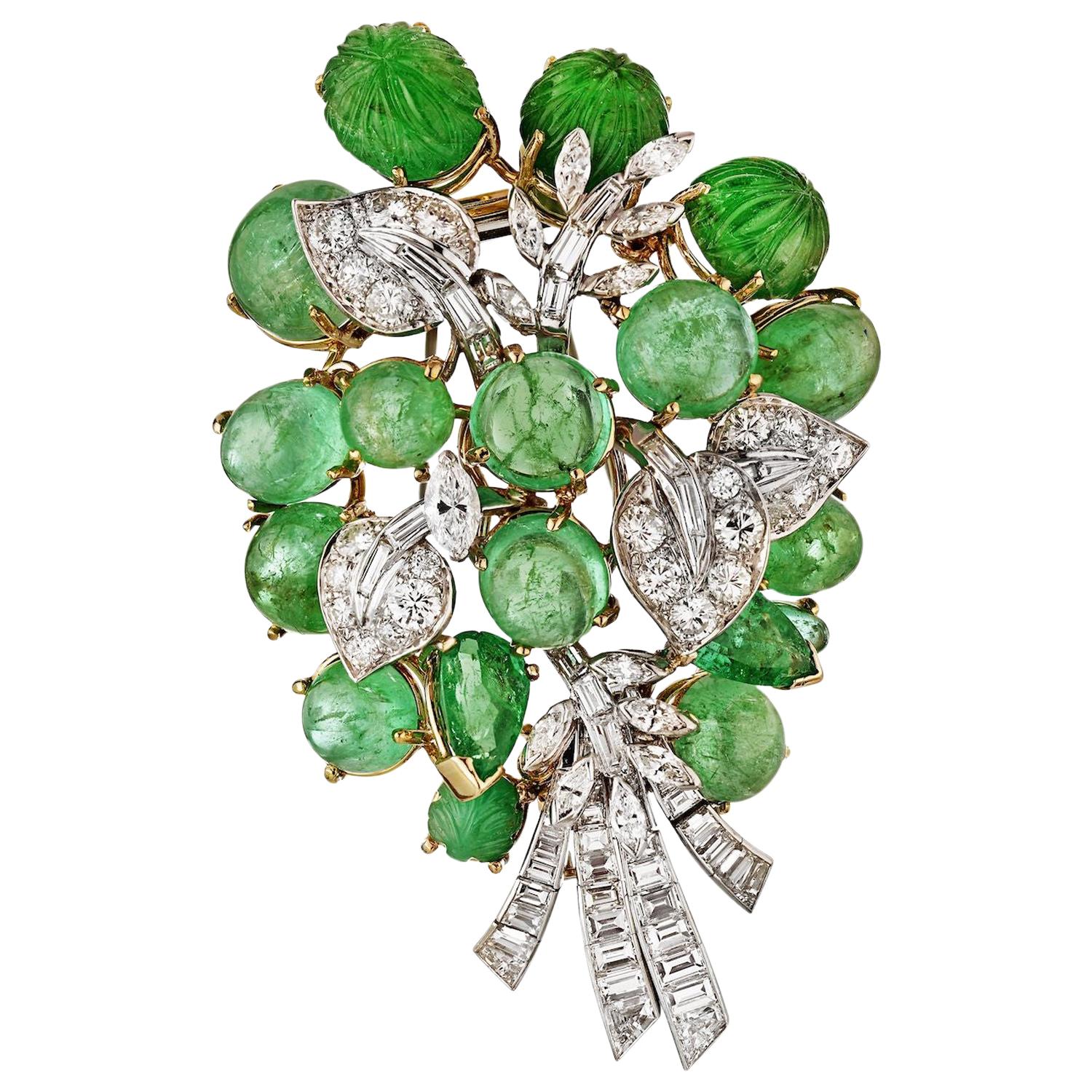 David Webb circa 1960 Green Emeralds, Diamonds Vintage Brooch