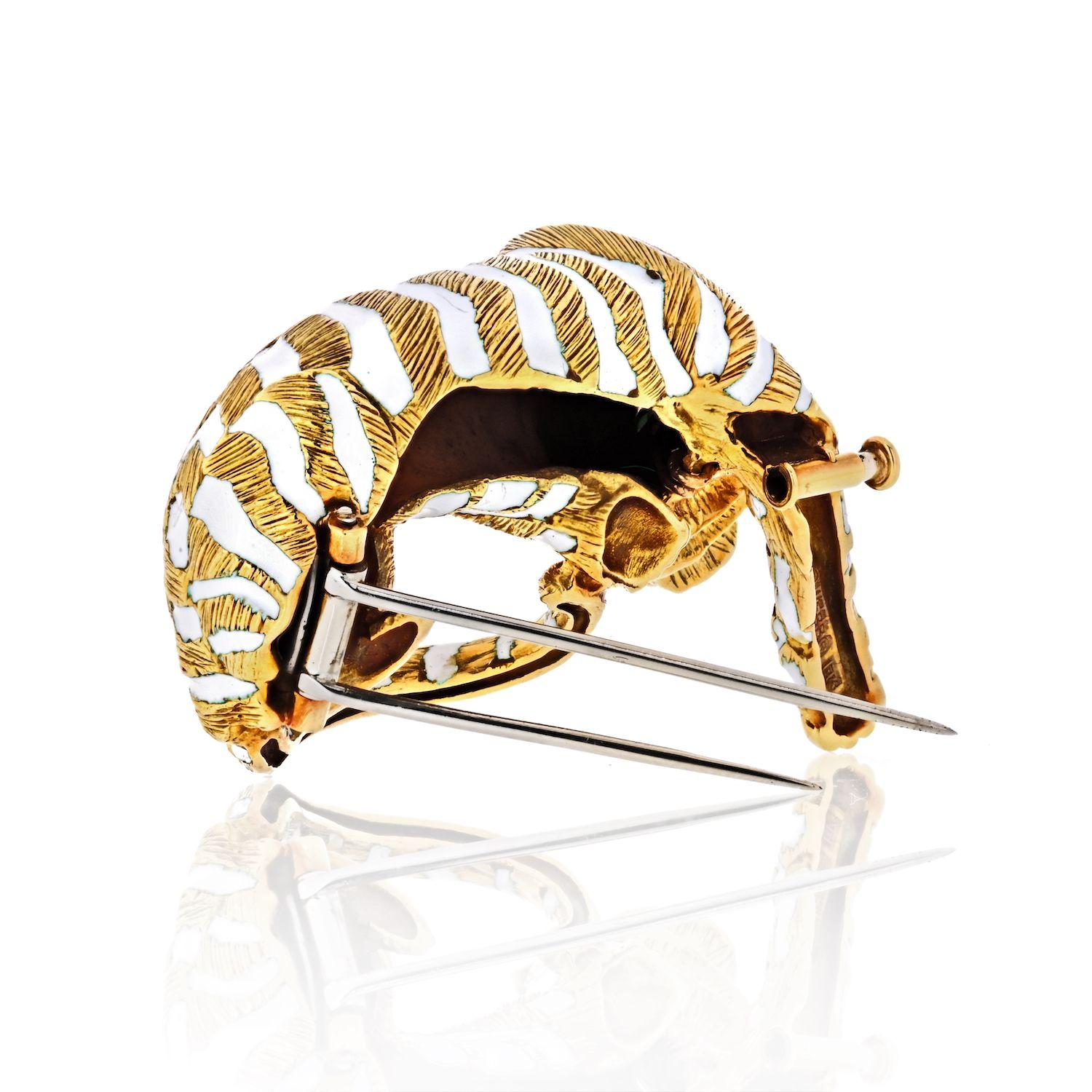 Emerald Cut David Webb circa 1970 Tiger White and Gold Enamel Vintage Brooch For Sale