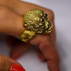 David Webb circa 1970s 18 Karat Yellow Gold Large Monkey Head, Ruby Eyes Ring