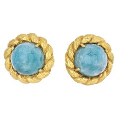 David Webb Circa 1970
s 18K Yellow Gold Round Cabochon Green Emerald Earrings