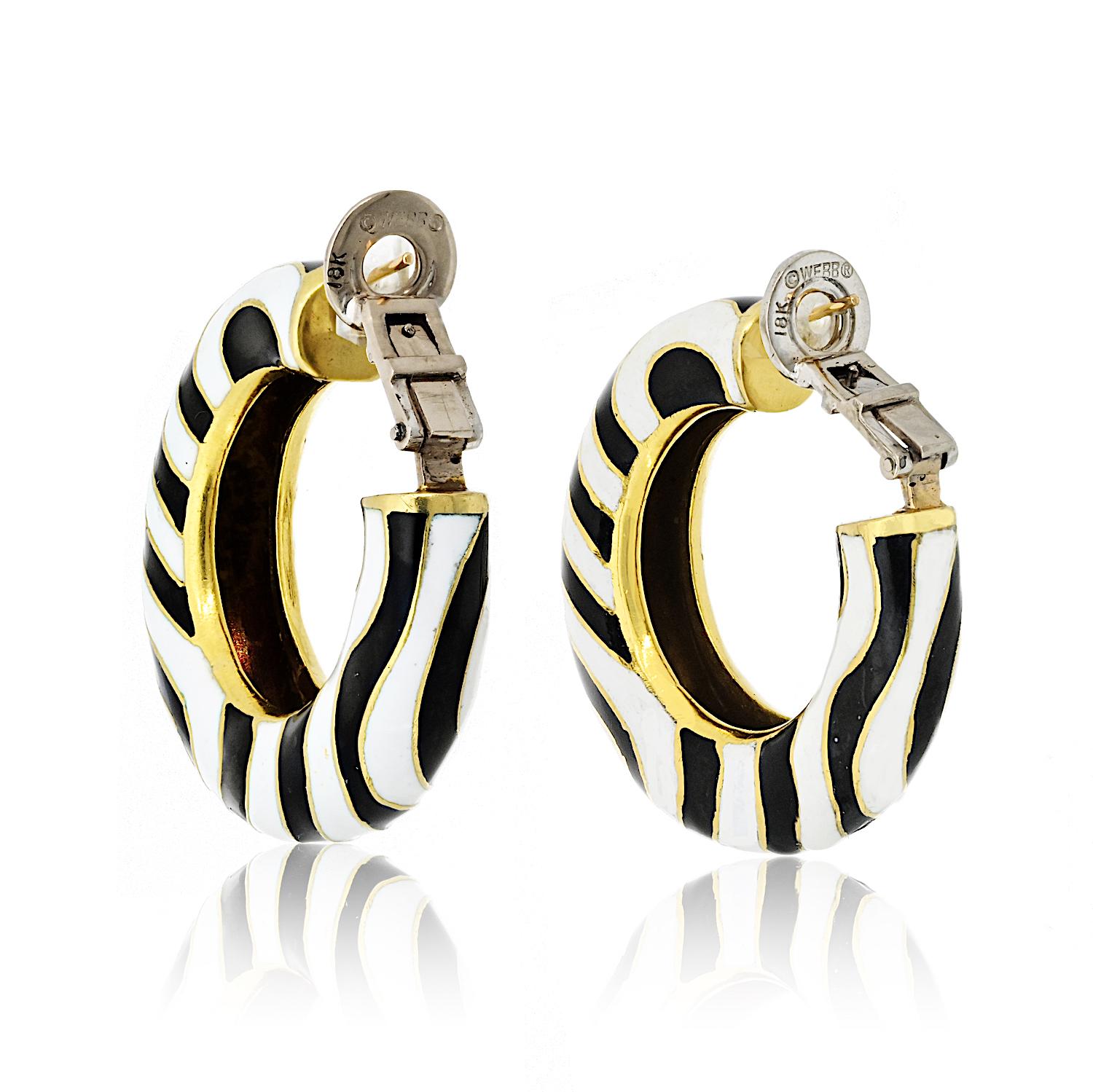 Modern David Webb Classic Zebra Black And White Stripe Enamel Hoop Earrings For Sale
