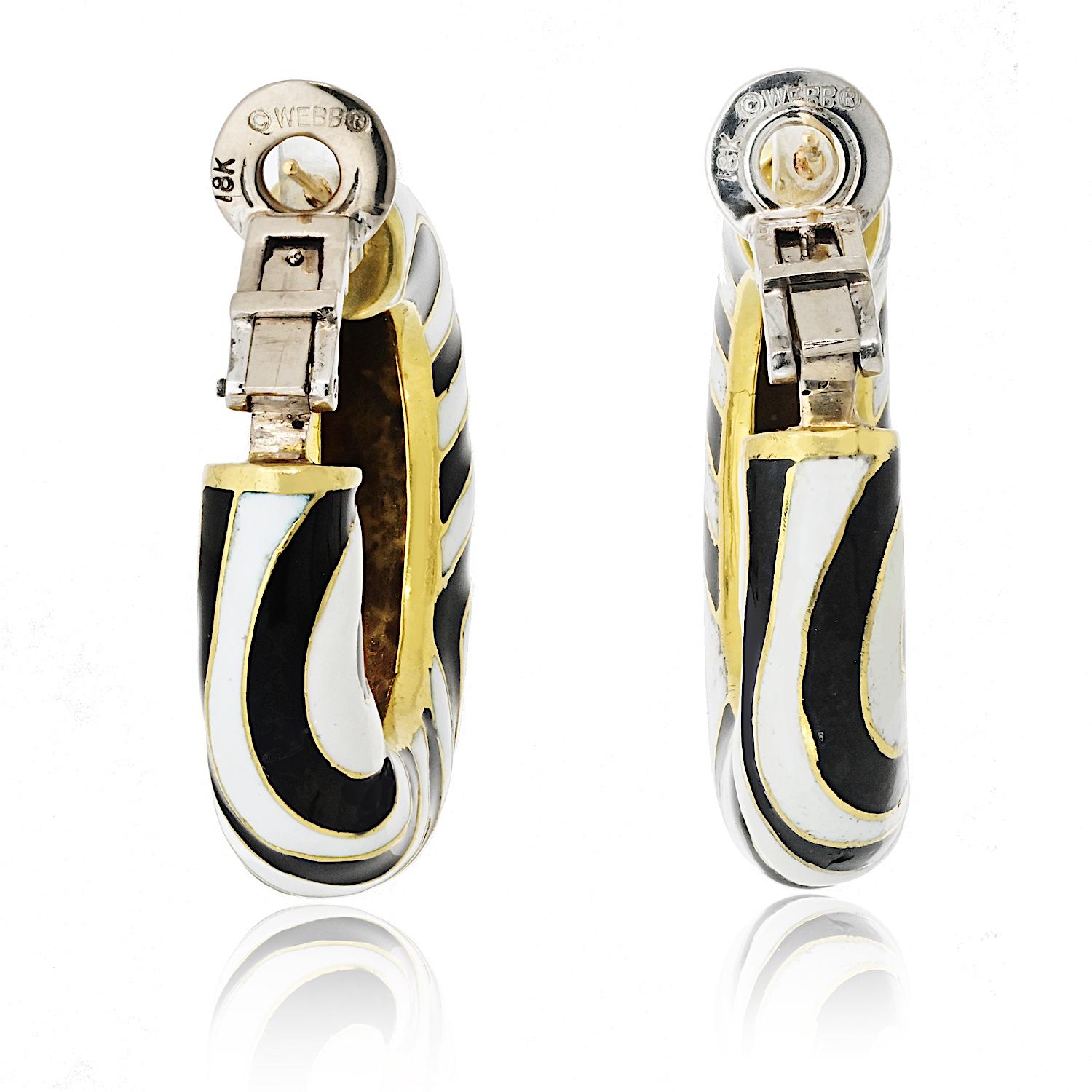 Women's David Webb Classic Zebra Black And White Stripe Enamel Hoop Earrings For Sale