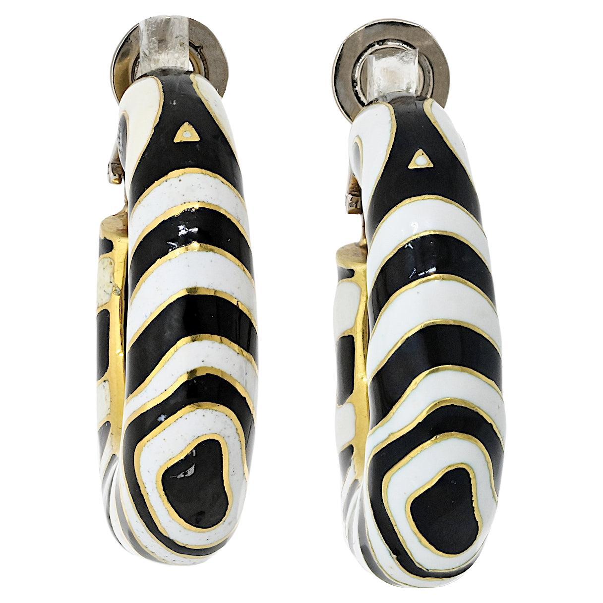 David Webb Classic Zebra Black And White Stripe Enamel Hoop Earrings
