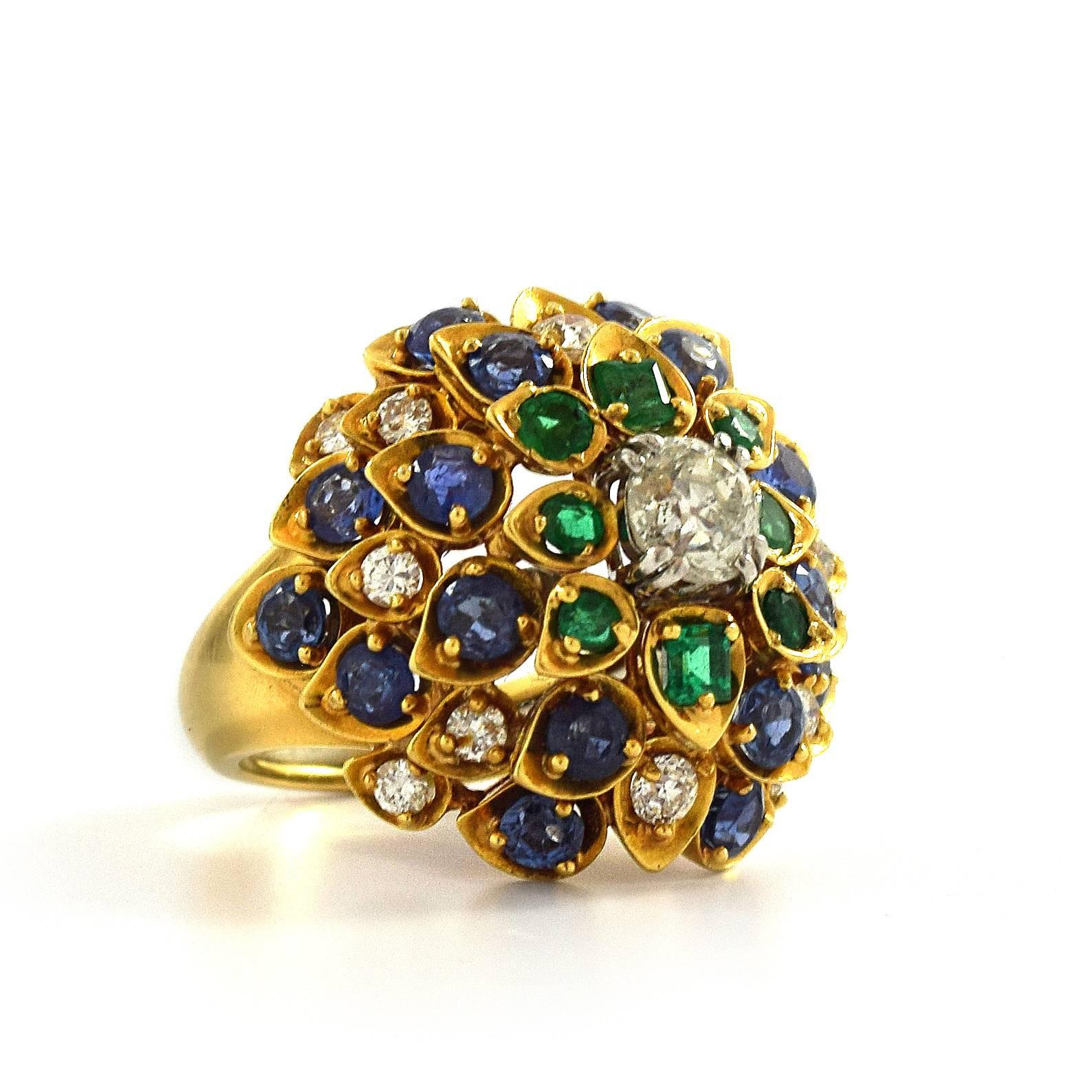 Women's or Men's David Webb Cluster Ring with Diamonds, Sapphire and Emeralds