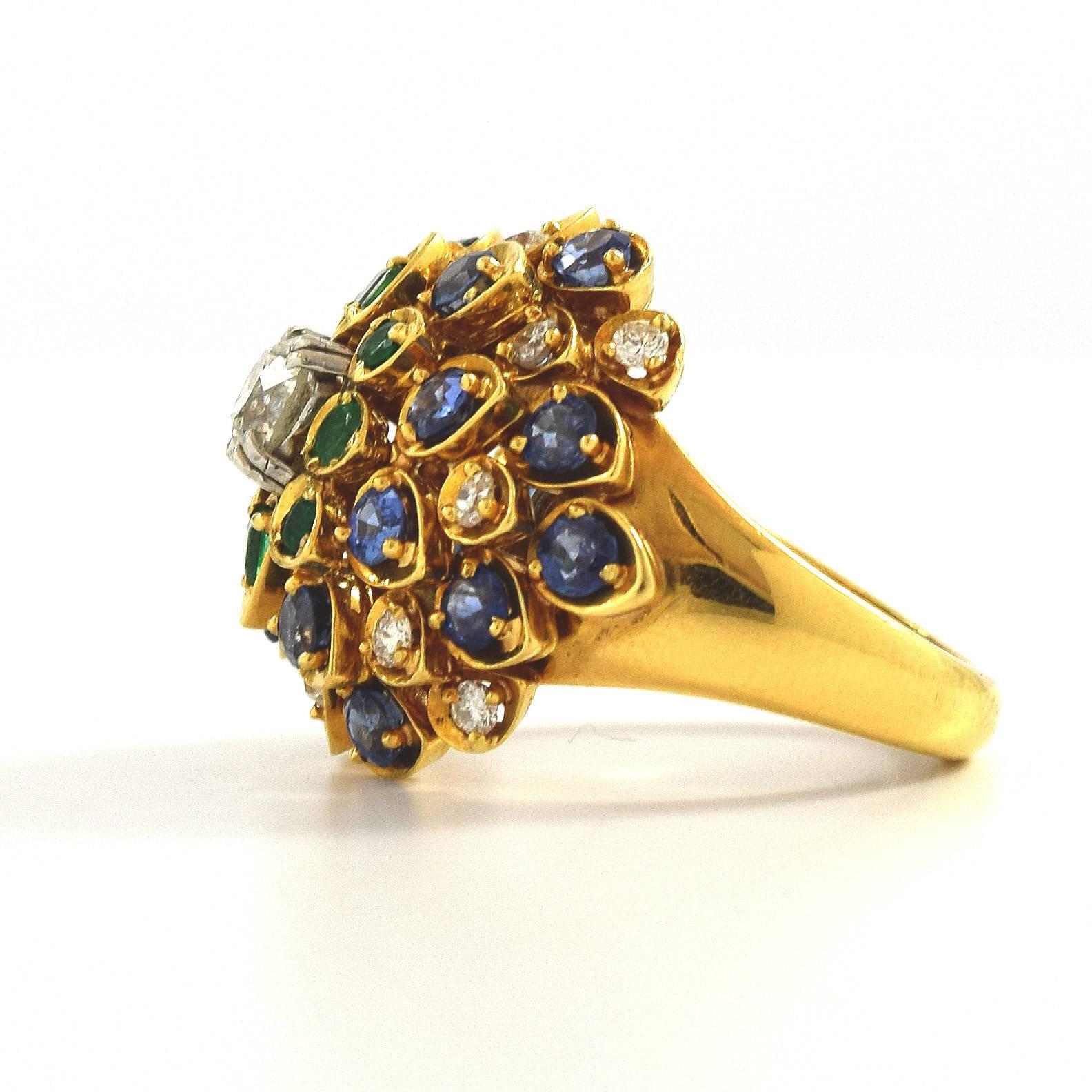 David Webb Cluster Ring with Diamonds, Sapphire and Emeralds 1