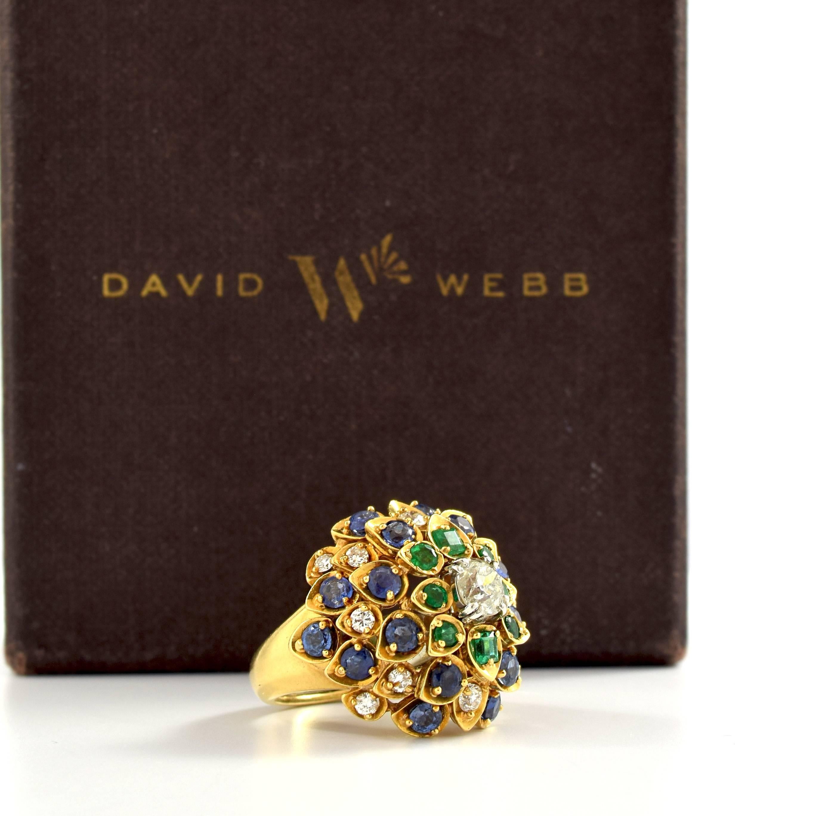 David Webb Cluster Ring with Diamonds, Sapphire and Emeralds 2