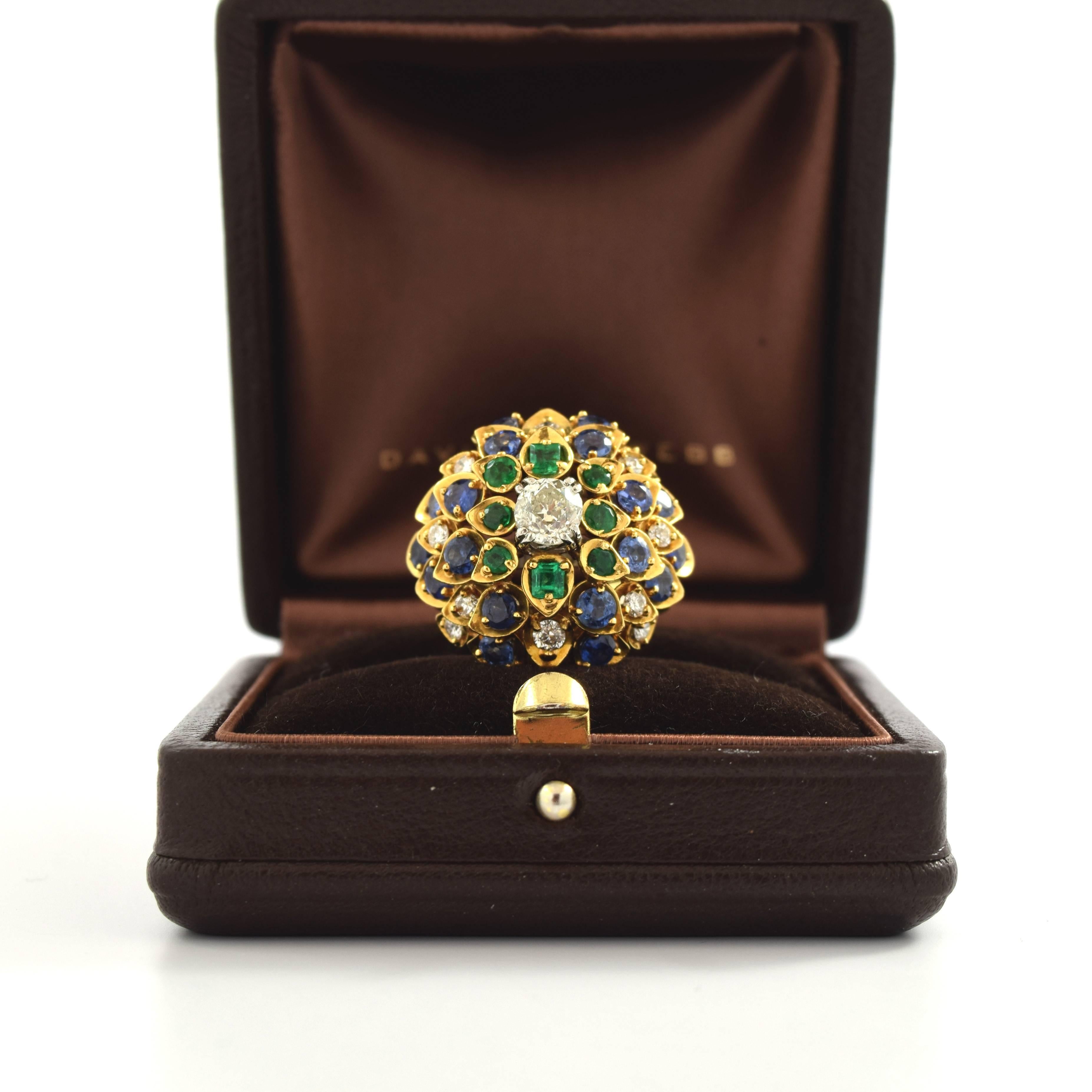 David Webb Cluster Ring with Diamonds, Sapphire and Emeralds 3