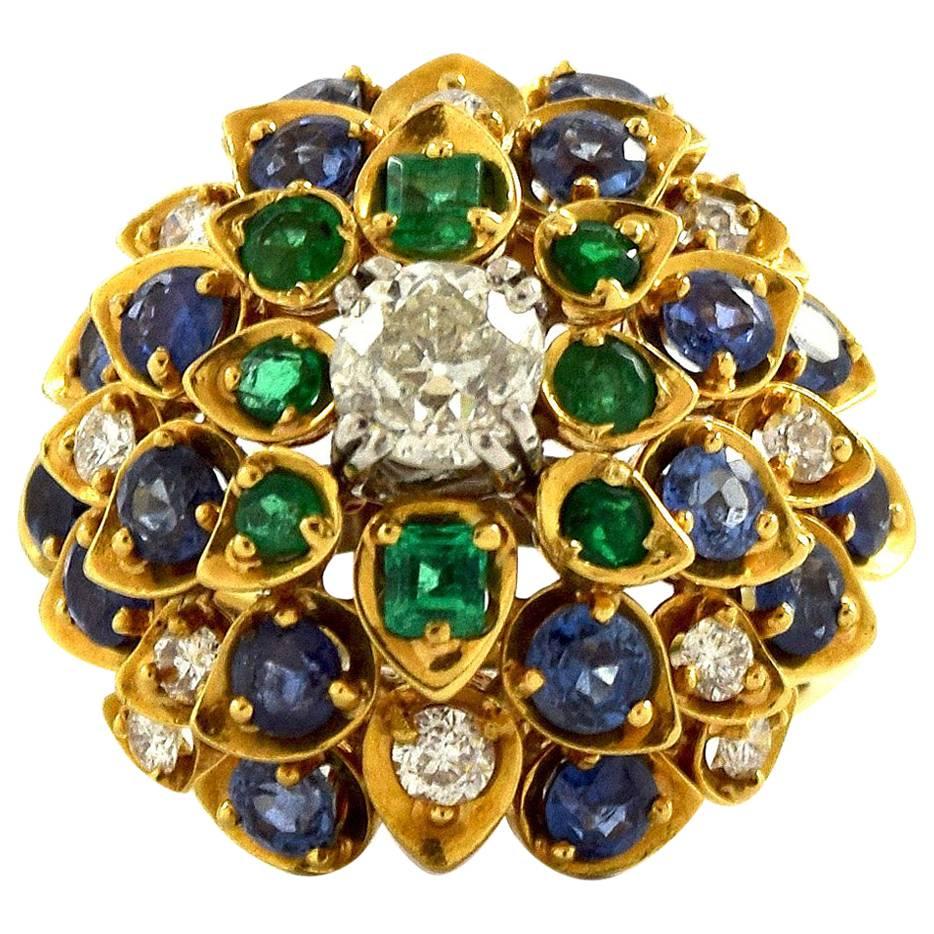 David Webb Cluster Ring with Diamonds, Sapphire and Emeralds