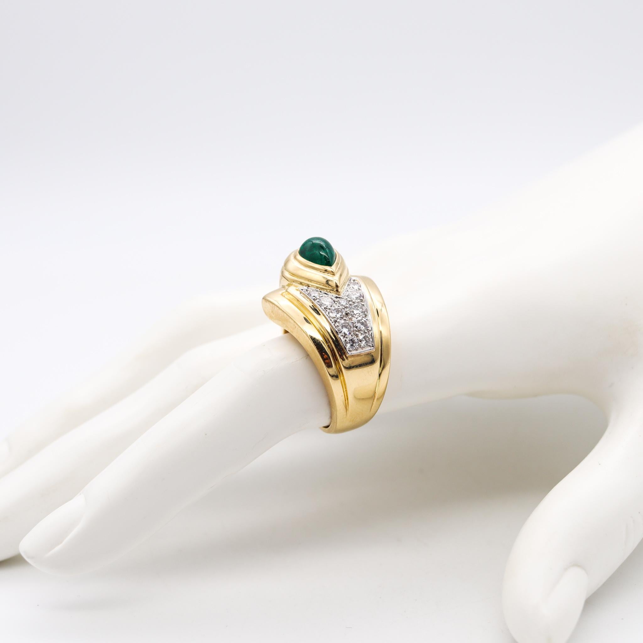 Modernist David Webb Cocktail Ring 18kt Gold & Platinum with 2.65 Cts Emerald and Diamonds For Sale