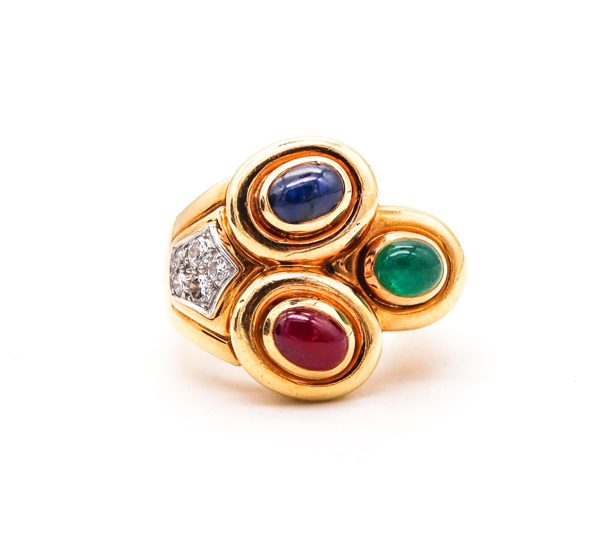 Cocktail ring Designed by David Webb (1925-1975).

Very beautiful and colorful cocktail ring, created in New York city at the jewelry atelier of David Webb. This gems-set vintage cocktail ring has been carefully crafted in high polished finish solid