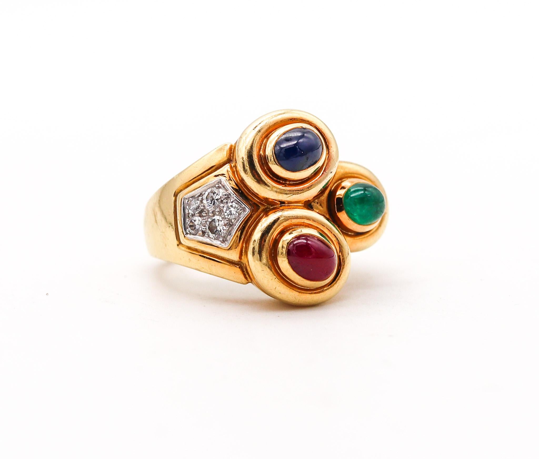 Modernist David Webb Cocktail Ring In 18kt Gold & Platinum With 3.10 Cts Gems And Diamonds For Sale