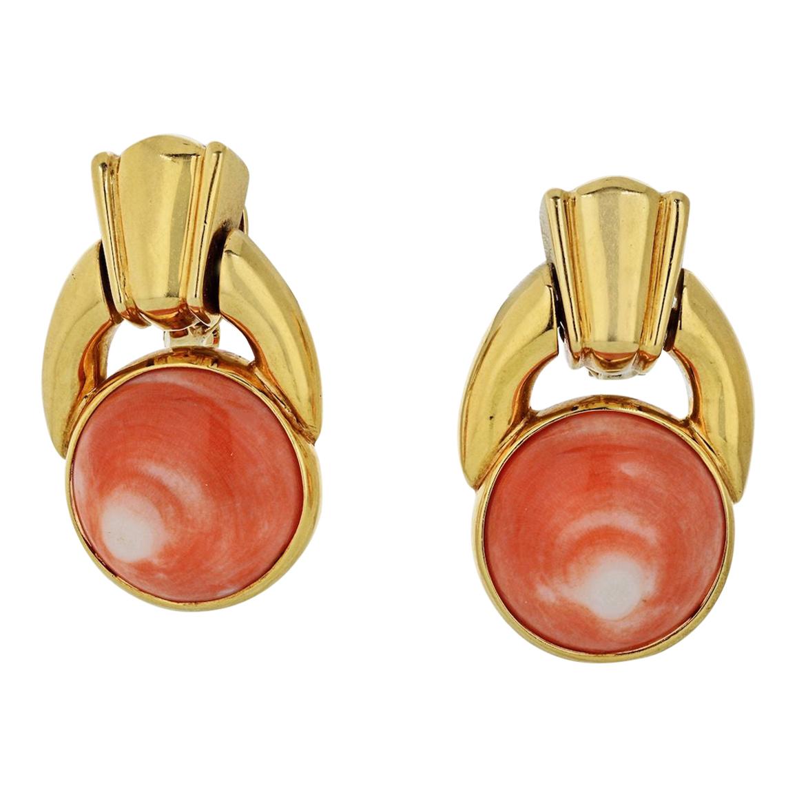 David Webb Coral 18k Yellow Gold Door Knocker Earrings