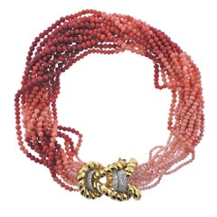 David Webb Coral Bead Diamond Gold Platinum Necklace