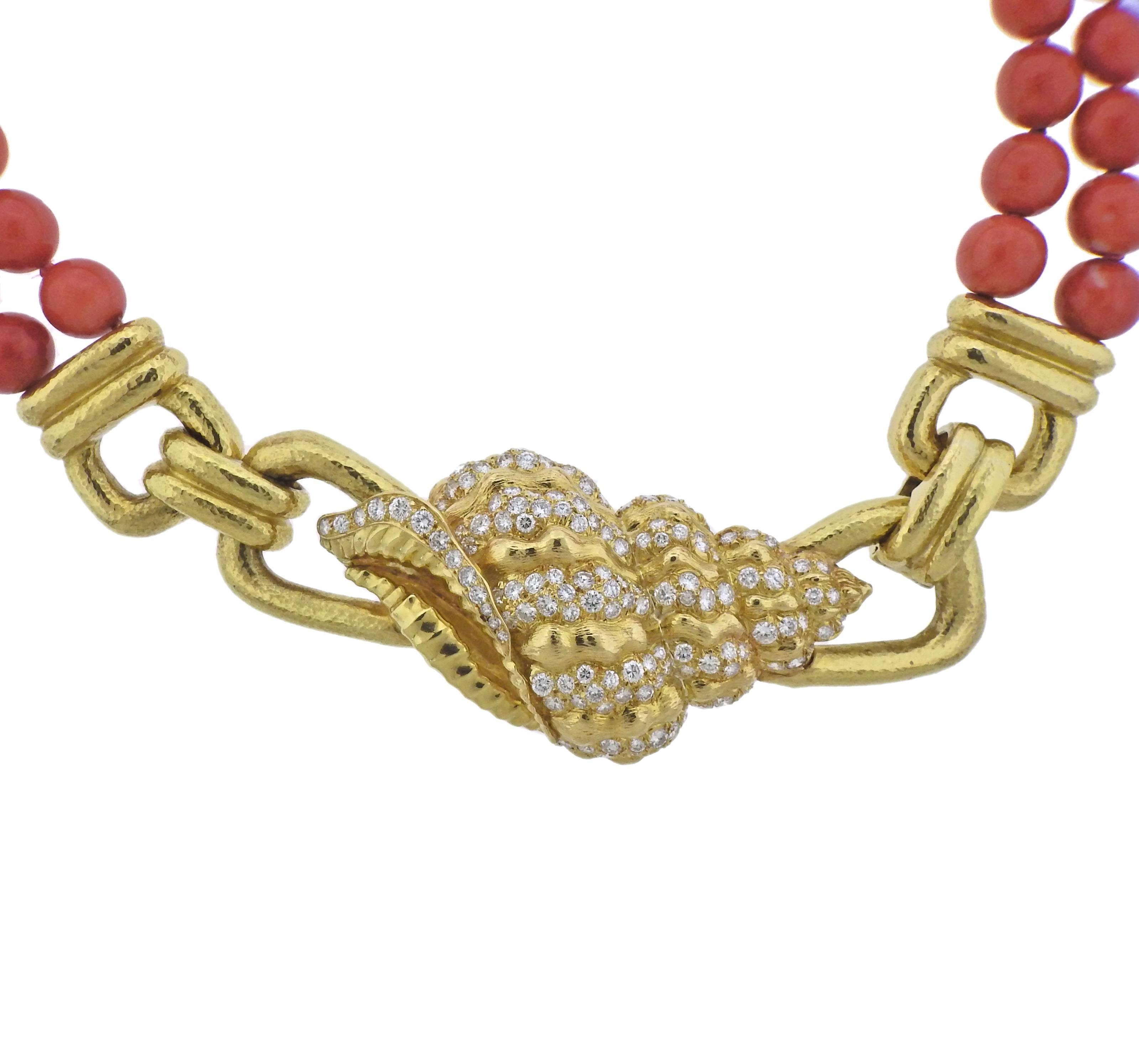 18k yellow gold necklace, crafted by David Webb, featuring Shell motif clasp, decorated with approx. 3.50ctw in GH/VS diamonds, and two strands of 7.5mm - 9.5mm  coral beads. Necklace is 17