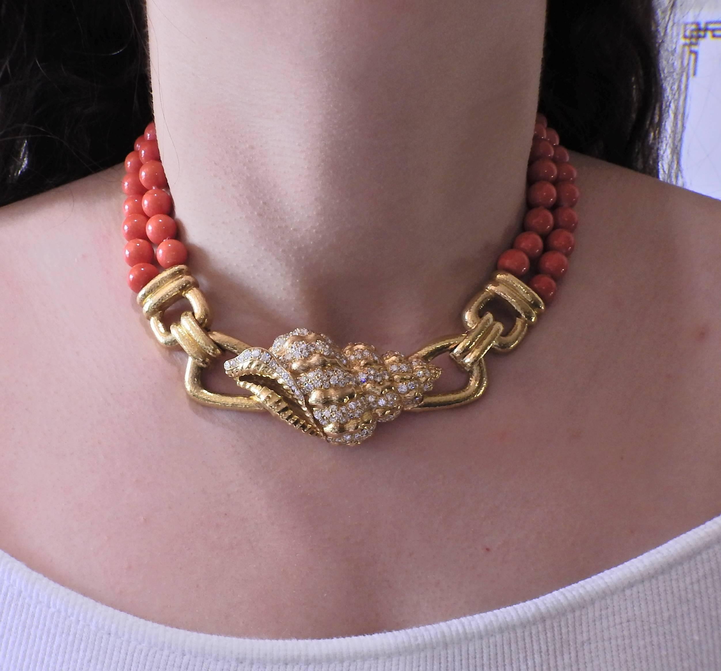 David Webb Coral Bead Diamond Gold Shell Motif Necklace 4