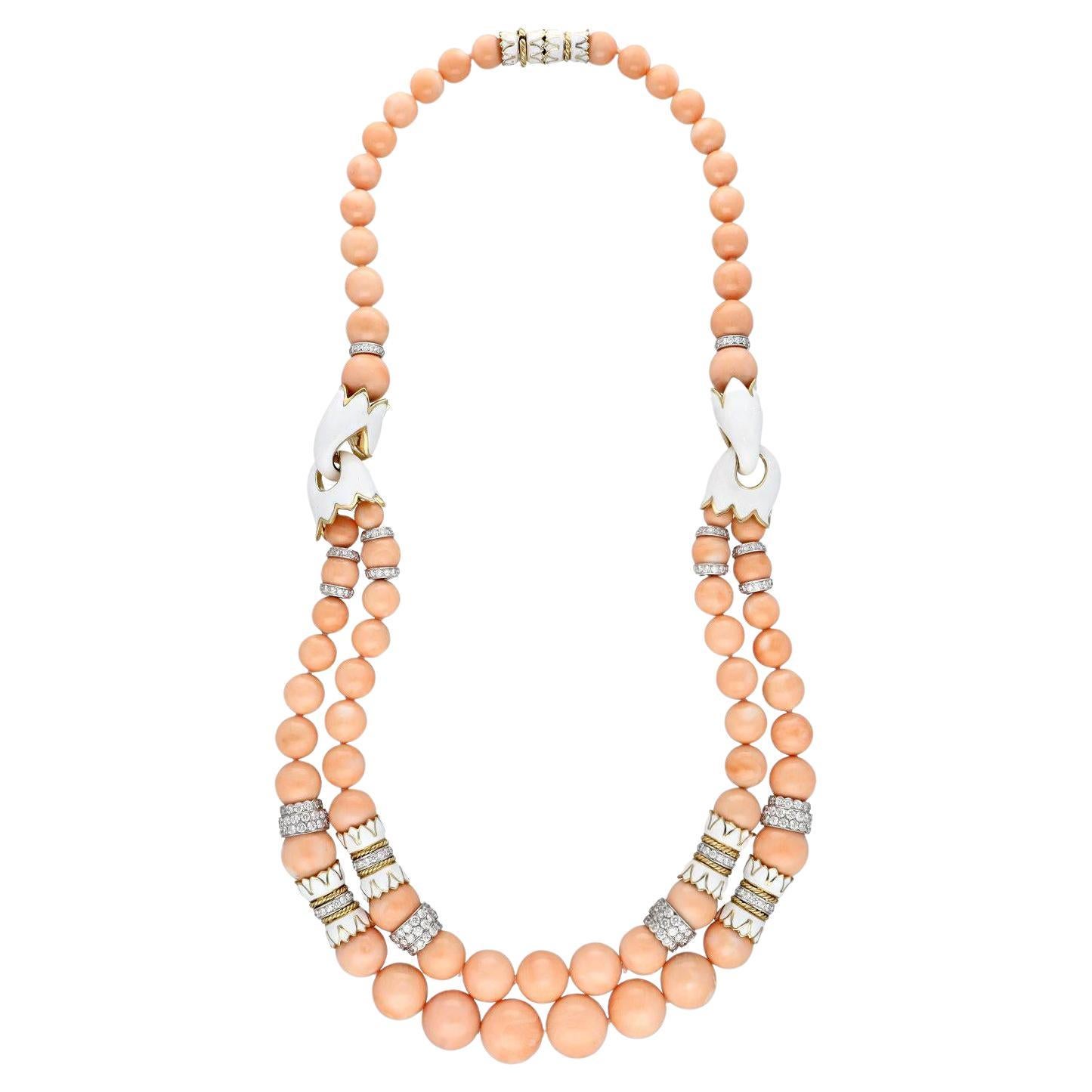 DAVID WEBB Coral Bead, White Enamel and Diamond Necklace