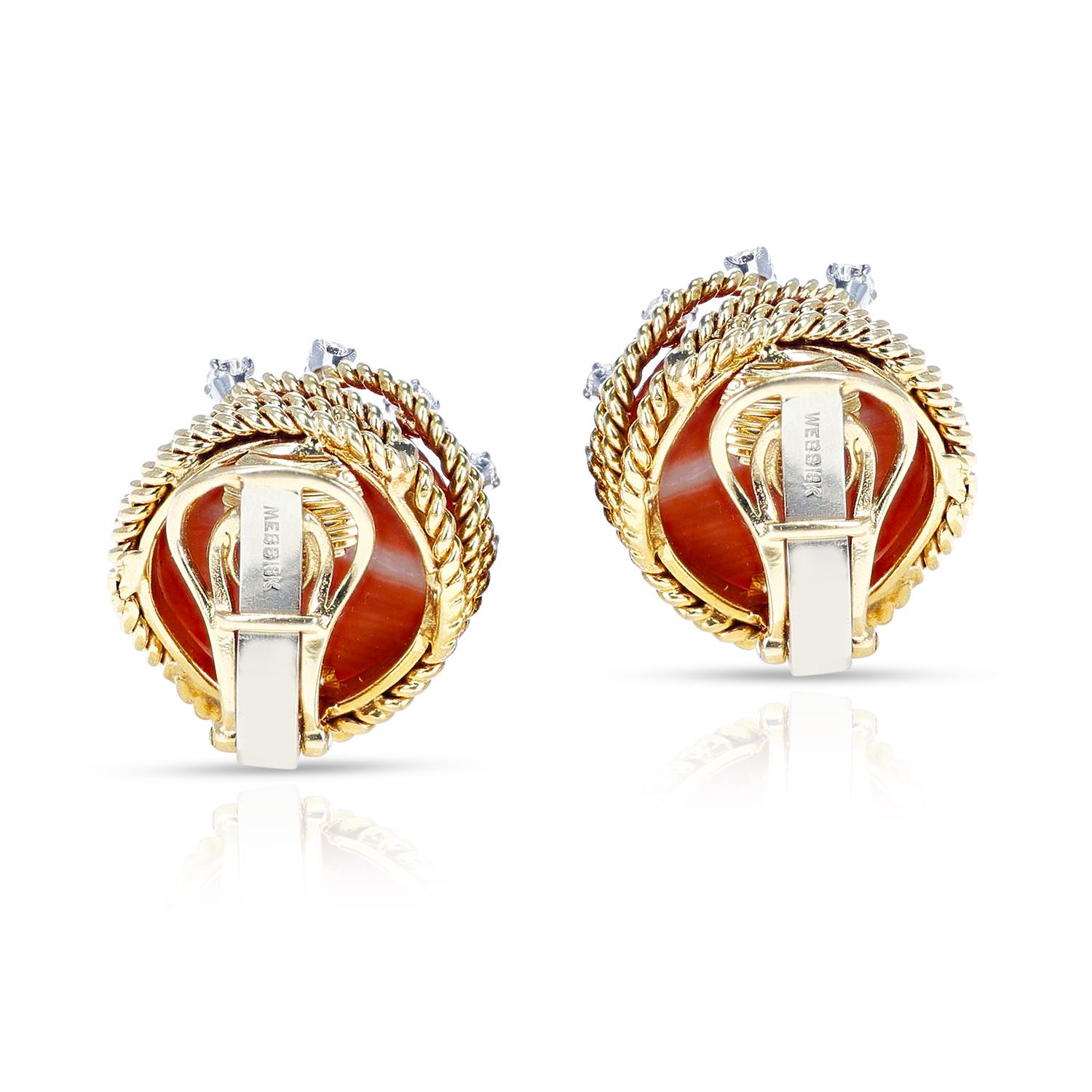 Women's or Men's David Webb Coral Cabochon and Round Diamond Earrings For Sale