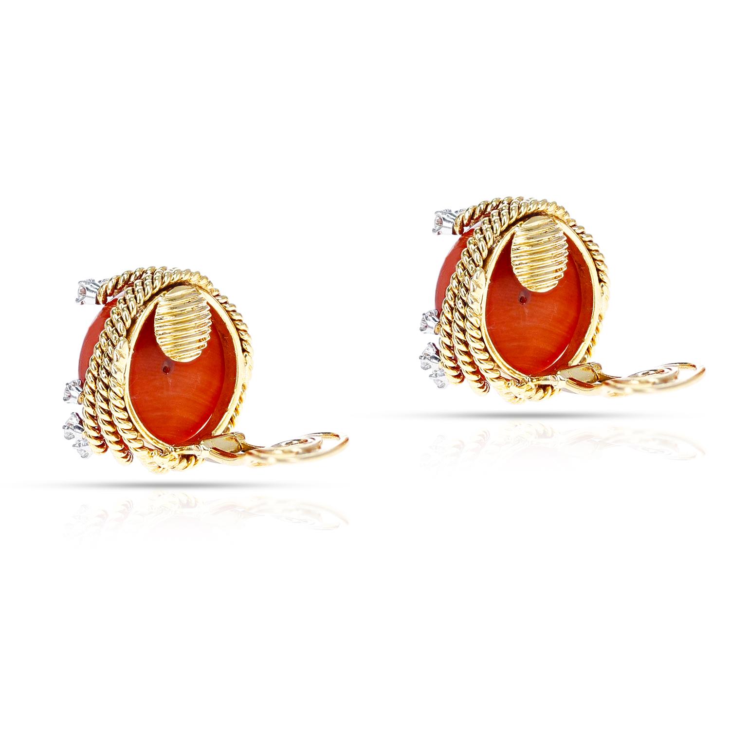 David Webb Coral Cabochon and Round Diamond Earrings For Sale 1