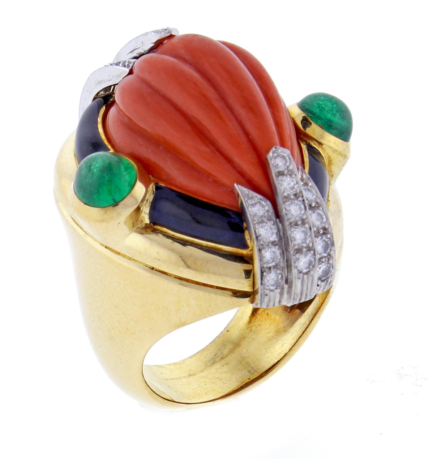 Cabochon David Webb Coral Diamond and Emerald Ring