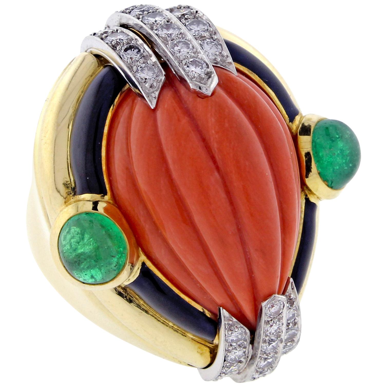 David Webb Coral Diamond and Emerald Ring