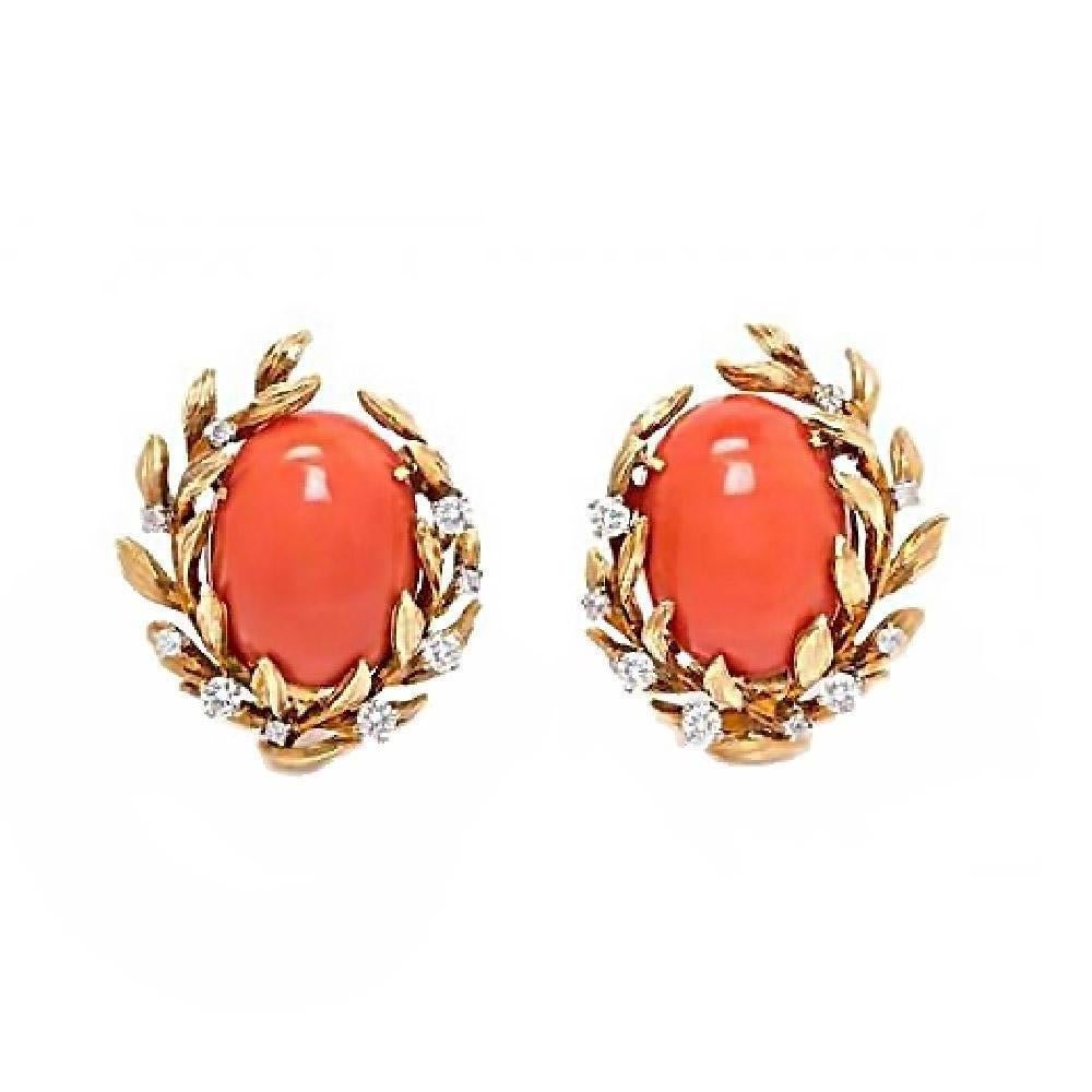 Modern David Webb 1960s Coral Diamond Gold Clip Earrings For Sale