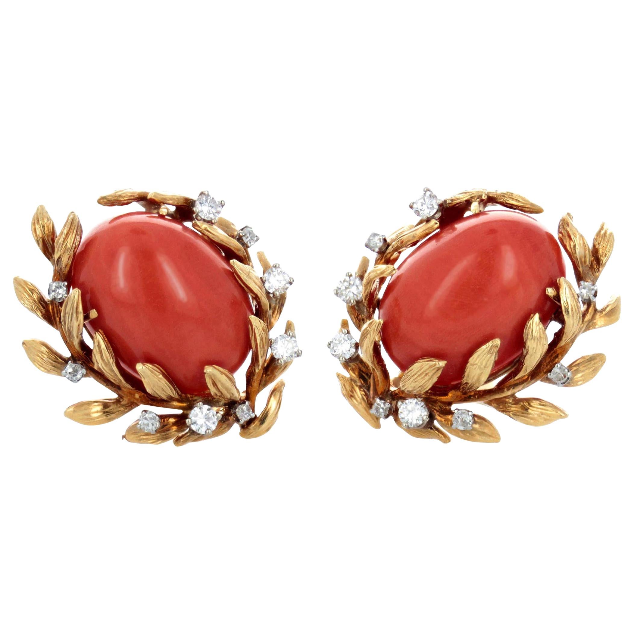 David Webb 1960s Coral Diamond Gold Clip Earrings For Sale