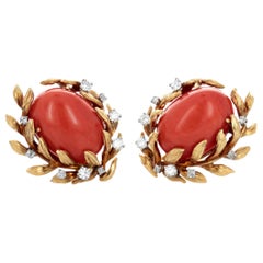 David Webb 1960s Coral Diamond Gold Clip Earrings