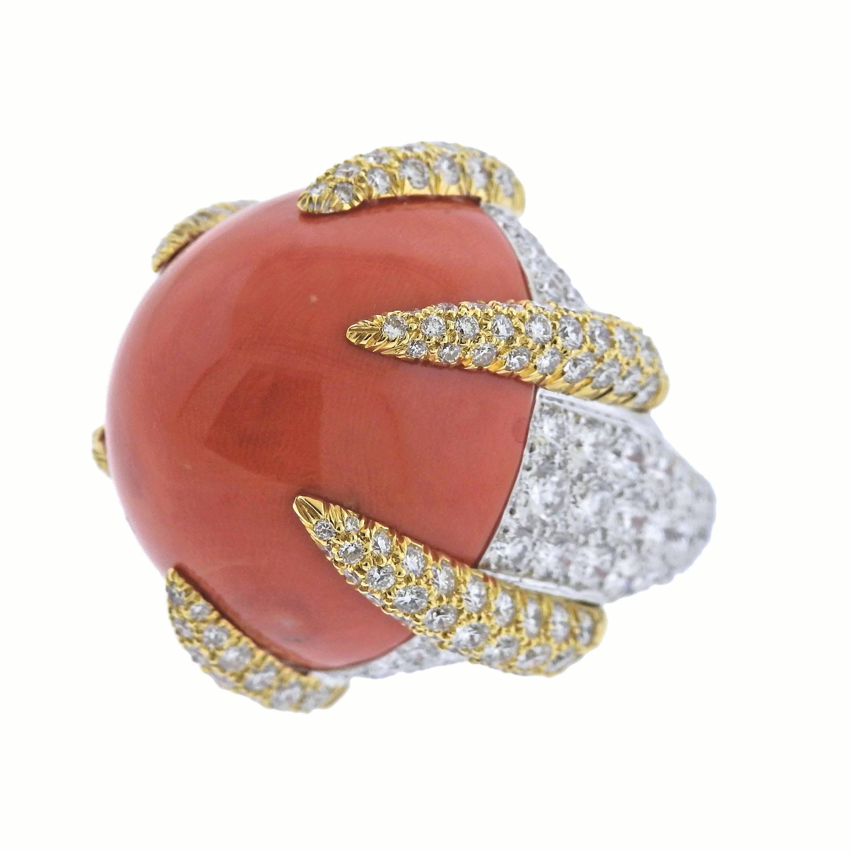 David Webb Coral Diamond Cocktail Ring In Excellent Condition In Lambertville, NJ