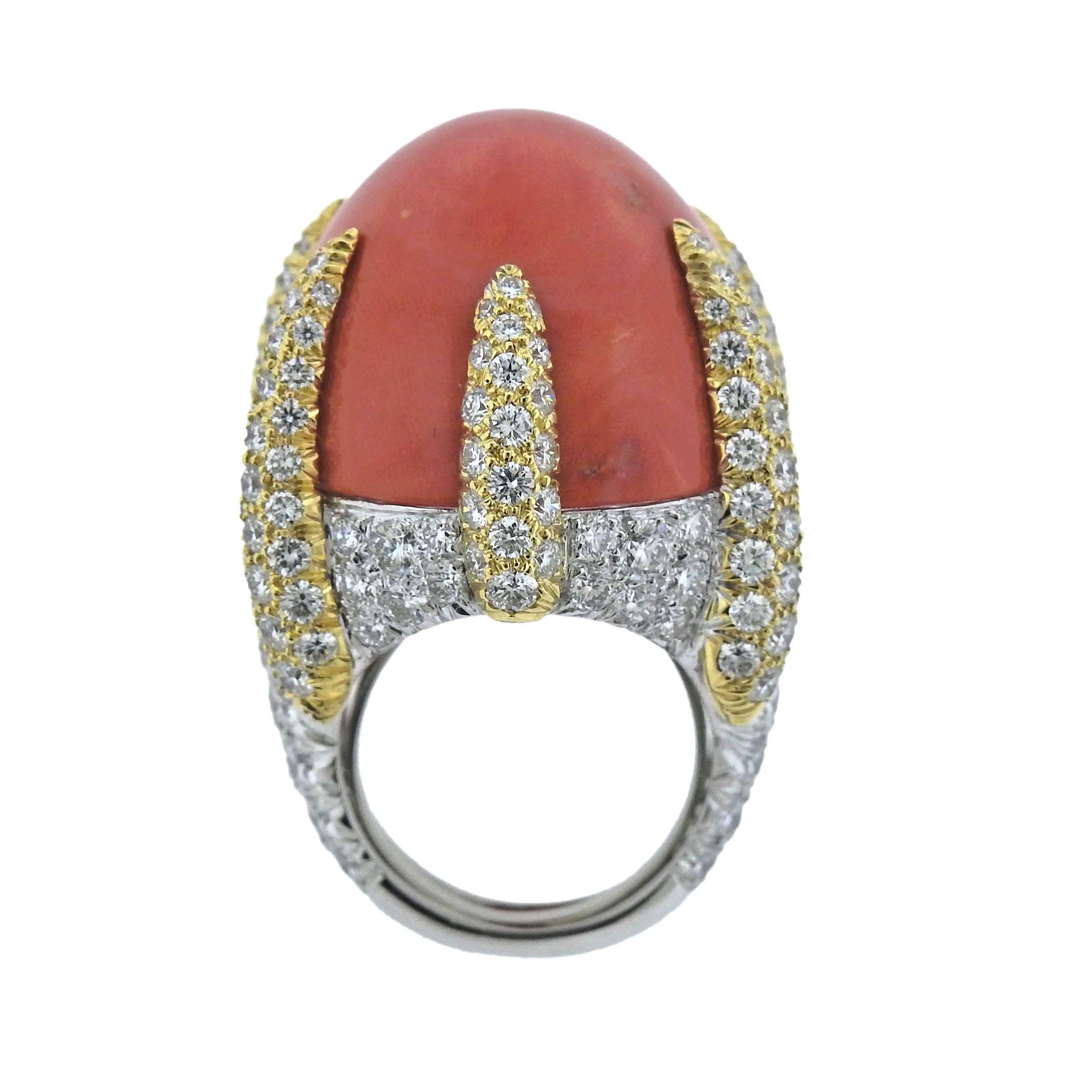 David Webb Coral Diamond Cocktail Ring