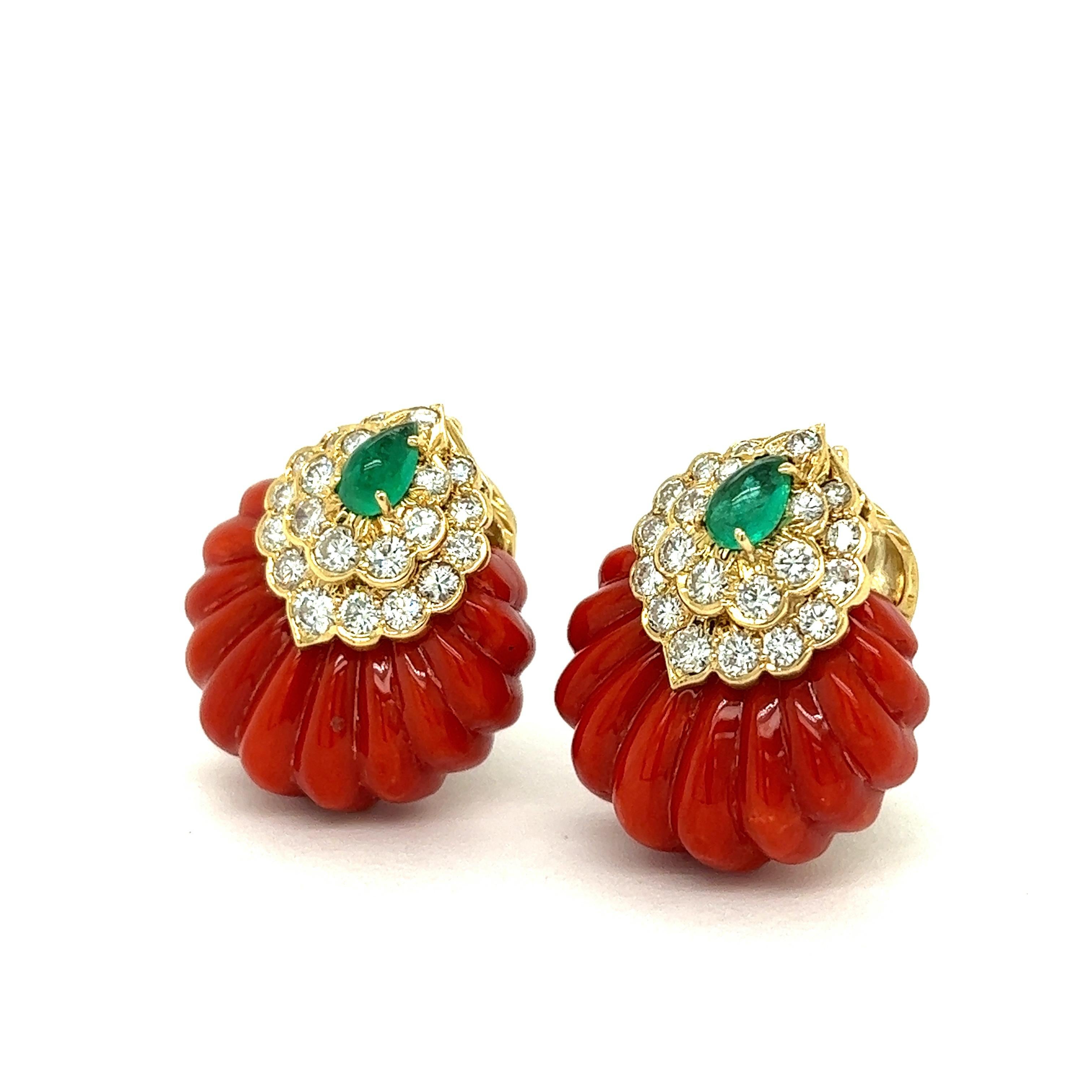 Contemporary David Webb Coral Diamond Emerald Ear Clips