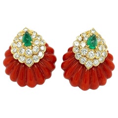 David Webb Coral Diamond Emerald Ear Clips