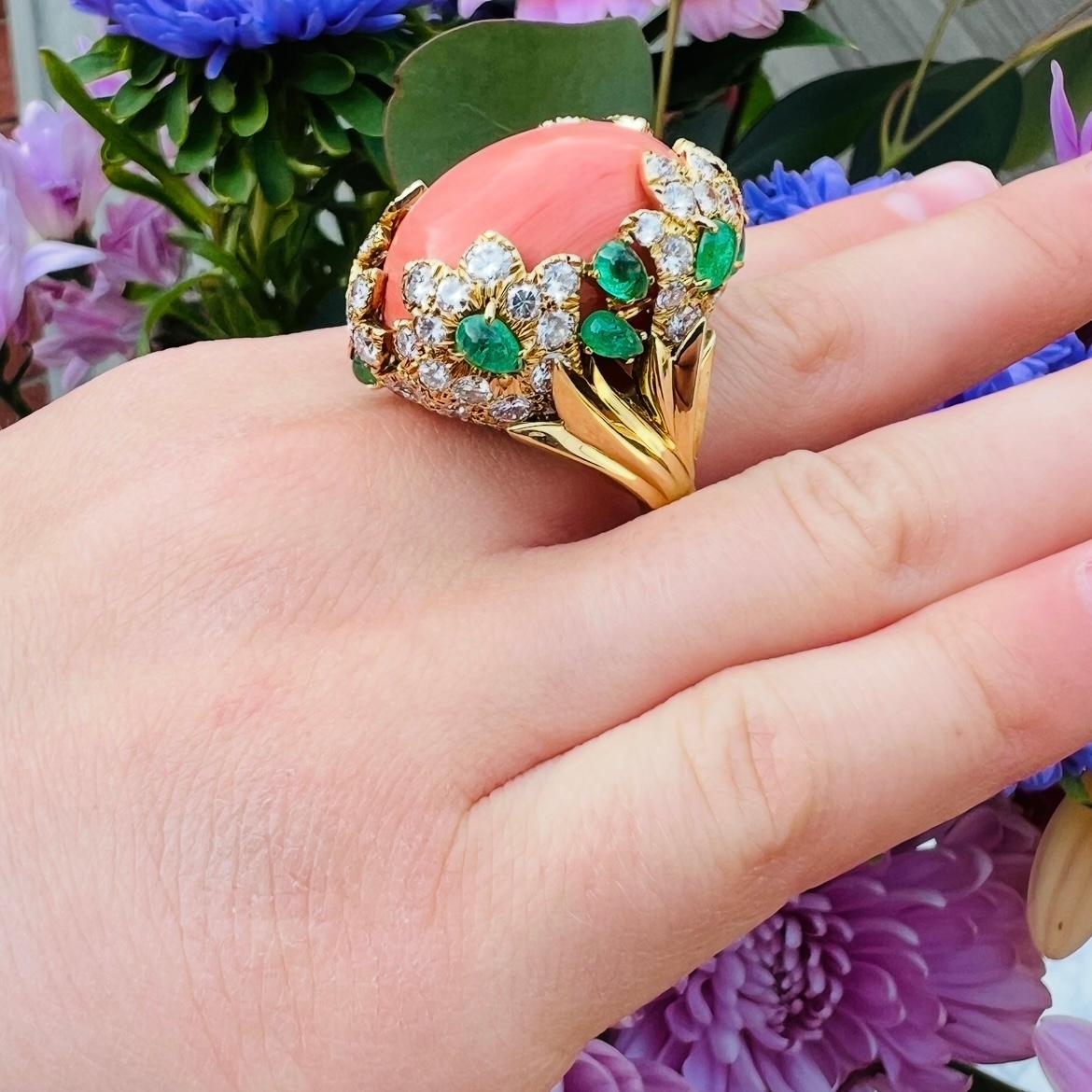 David Webb Coral, Diamond & Emerald Ring In Excellent Condition For Sale In San Francisco, CA