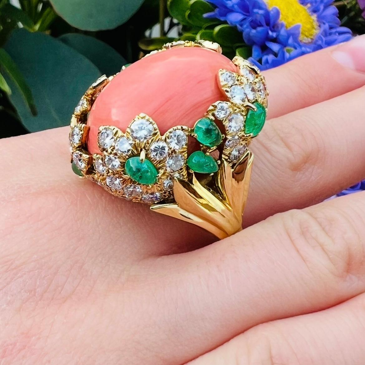 David Webb Coral, Diamond & Emerald Ring For Sale 1