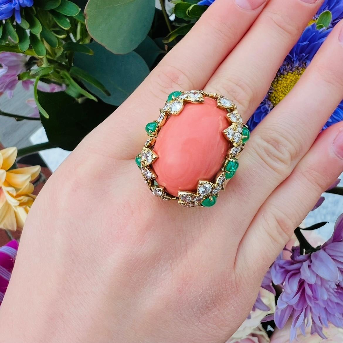 David Webb Coral, Diamond & Emerald Ring For Sale 2