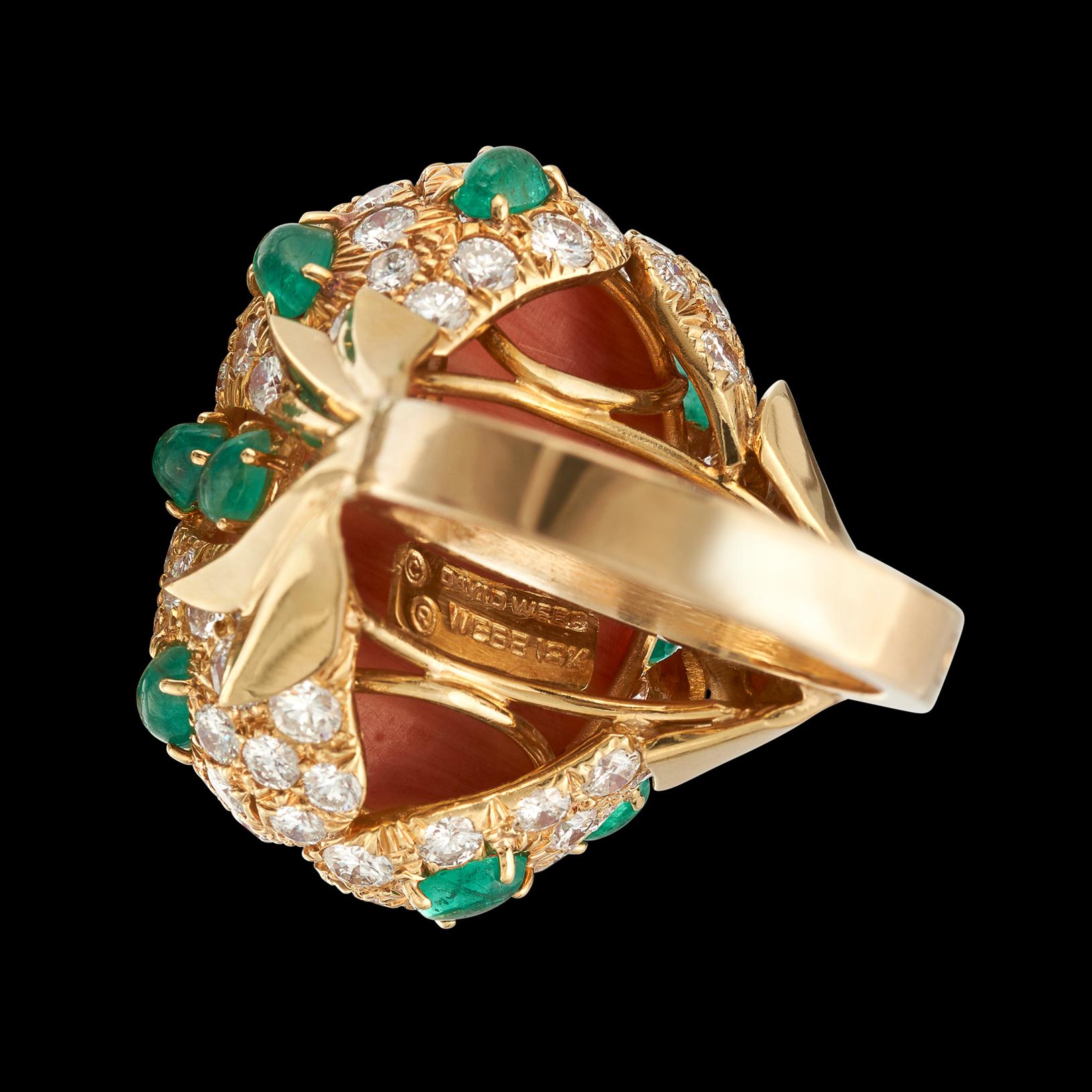 David Webb Coral, Diamond & Emerald Ring For Sale 3