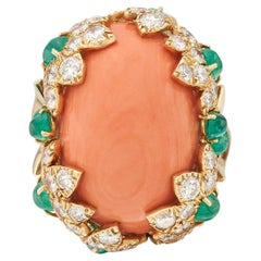 David Webb Coral, Diamond & Emerald Ring